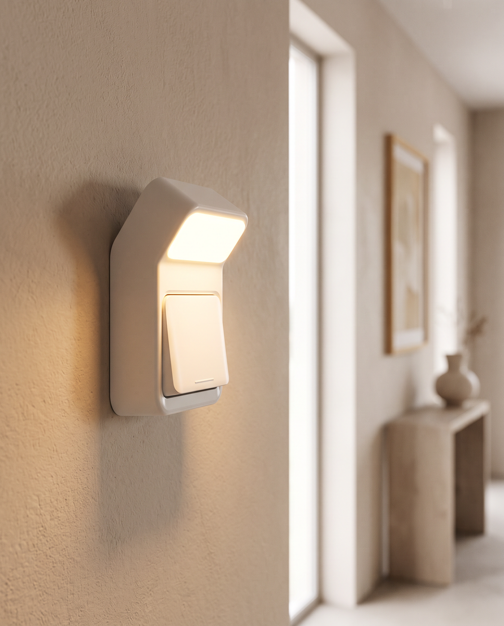 Aleaf wall lamp glowing warm in a modern hallway, no outlet needed