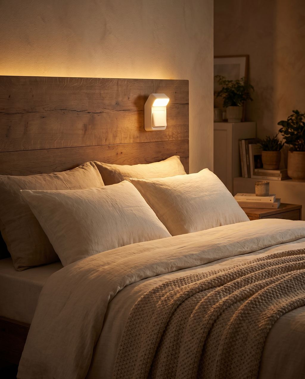 Aleaf wall lamp glowing warm above a bed headboard at night