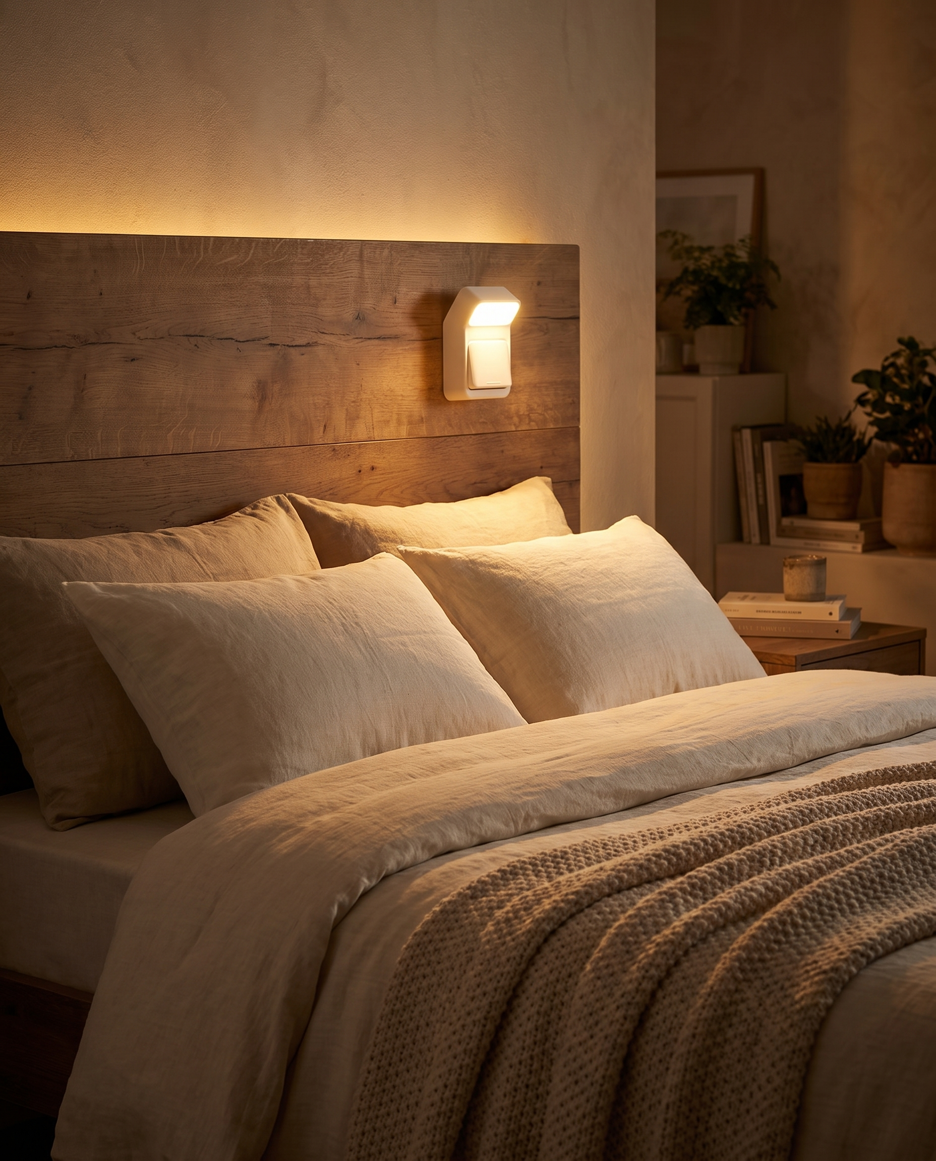 Aleaf wall lamp glowing warm above a bed headboard at night